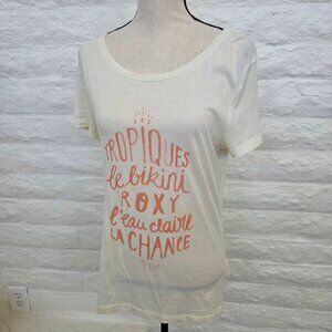 Roxy Top Medium Women's Graphic Tee Ivory White Cream Short Sleeve Cotton Shirt